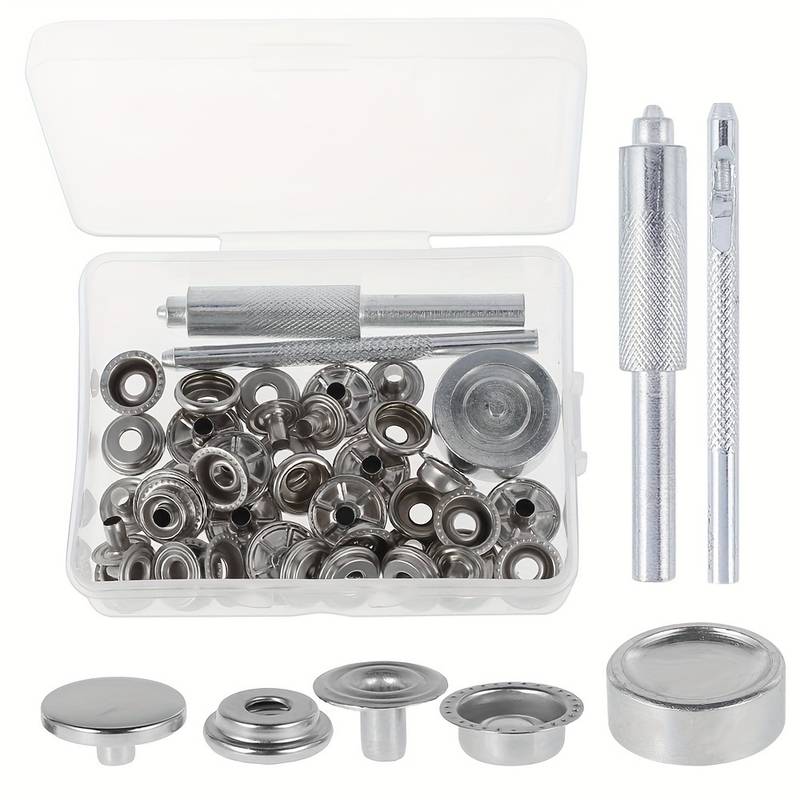10/37pcs Snap Fastener Kit Copper Snap Button Press Stud Cover Silver Snaps  With Material Hole Punch And Setting Tools For Bag Jeans Clothes Fabric Le